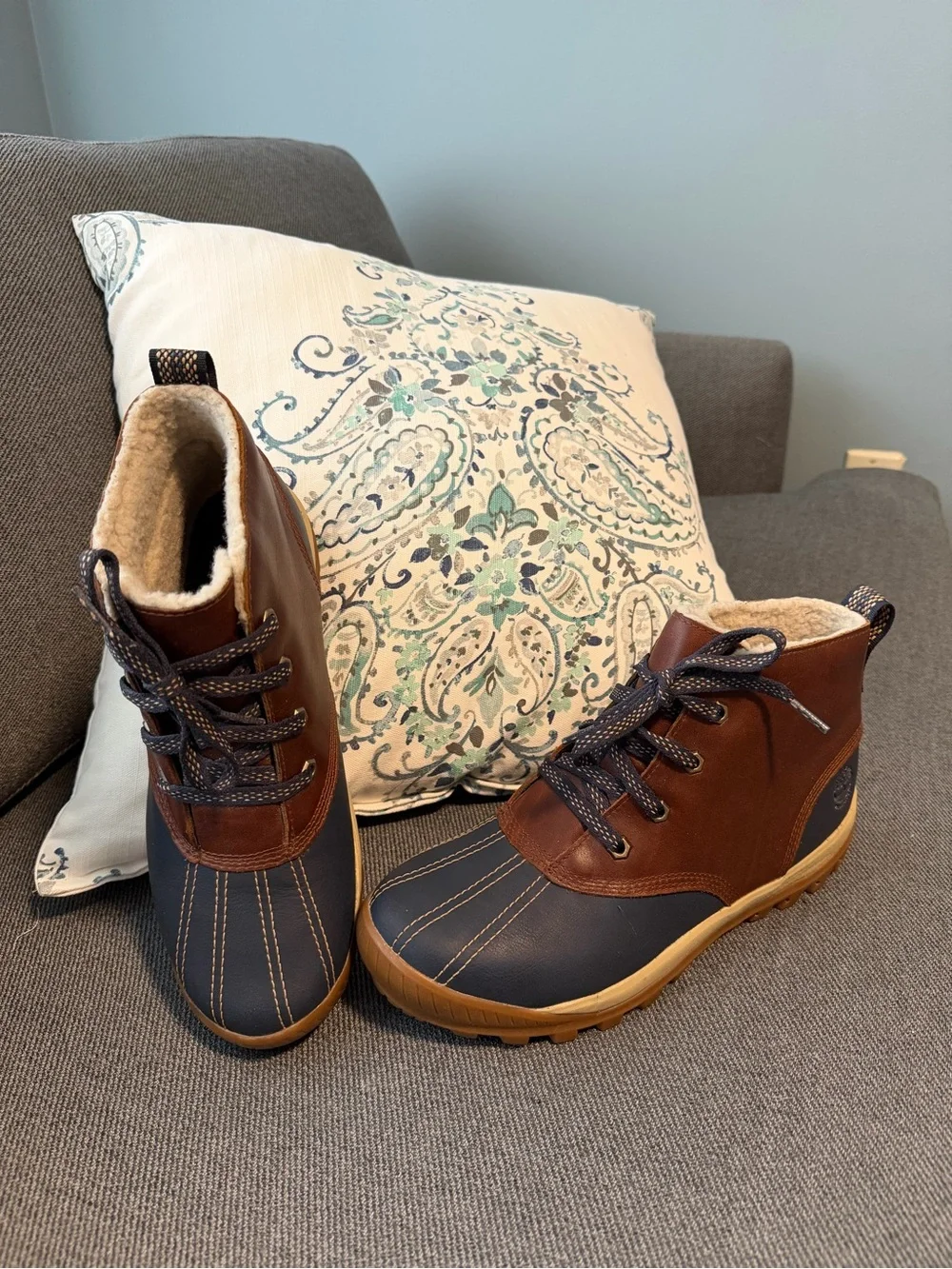Timberland Brown & Navy Waterproof Duck Boots with Shearling Lining